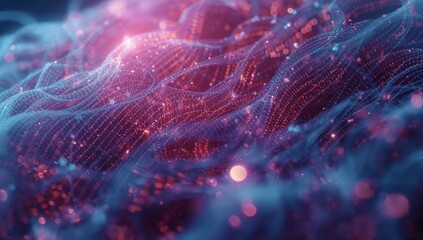 Animating abstract mesh grid undulating across virtual environment, showcasing glowing data nodes