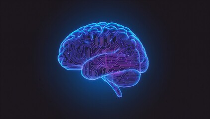 Floating neon circuit-board brain shimmering over digital void, with neural-network circuitry lines