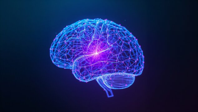 Glowing neon wireframe brain model floating on dark gradient backdrop, with neural nodes and lines