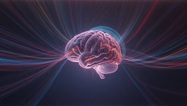 Glowing 3D human brain radiating colorful light trails in dark digital void, data transmission - Powered by Adobe