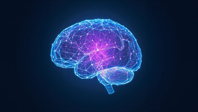 Displaying wireframe brain model glowing with neon blue-pink-purple lines and nodes in dark void