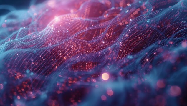 Animating abstract mesh grid undulating across virtual environment, showcasing glowing data nodes