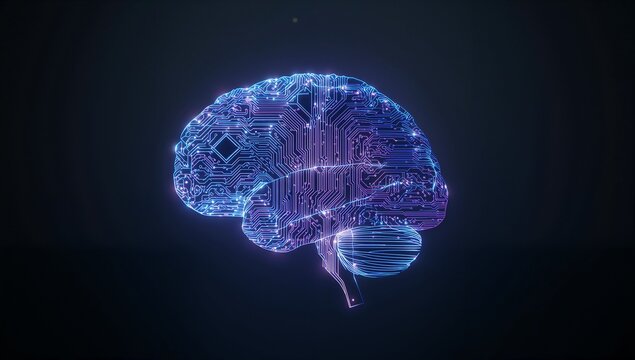 Glowing neon-blue circuit board brain floating in digital void, with trace patterns and chip motif
