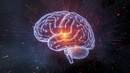 Floating translucent brain in dark bluish space, showing glowing neural nodes and particle streaks