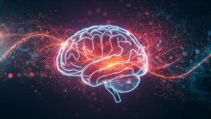 Floating brain model showing neural paths in abstract space, with red-blue streams and wavy lines