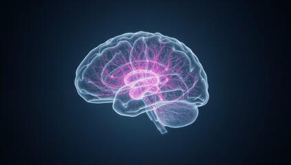 Floating 3D brain revealing glowing pink neural pathways in lab environment, with neural clusters