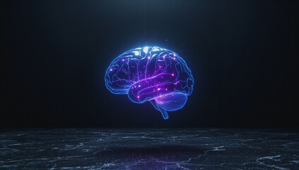 Floating neon holographic brain model displaying neural network in dark studio, reflective floor