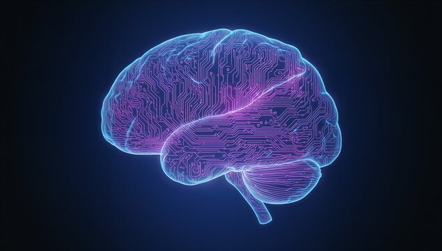Displaying neon digital brain glowing with blue wireframe in dark void, featuring purple circuitry