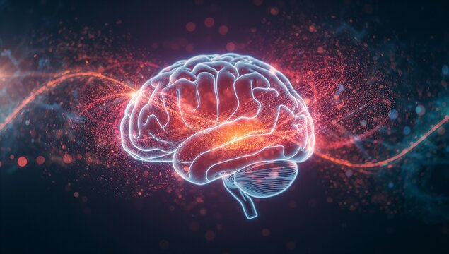 Floating brain model showing neural paths in abstract space, with red-blue streams and wavy lines