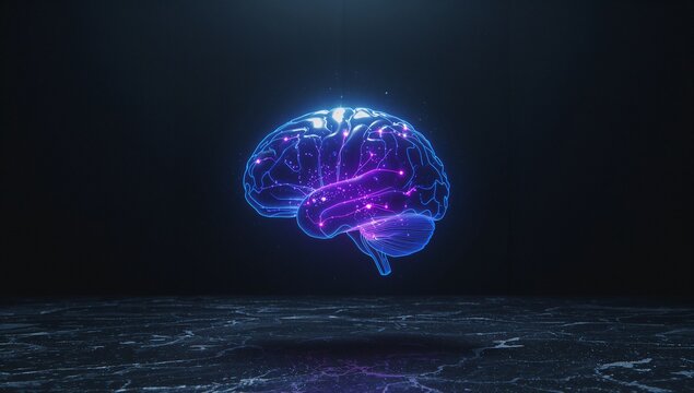 Floating neon holographic brain model displaying neural network in dark studio, reflective floor