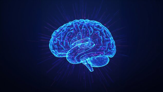 Displaying holographic 3D brain model glowing in sci-fi environment, with neural network lines - Powered by Adobe