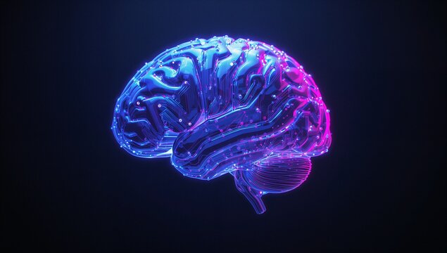 Floating 3D neon brain glowing with circuit grooves in dark void, highlighting neural nodes
