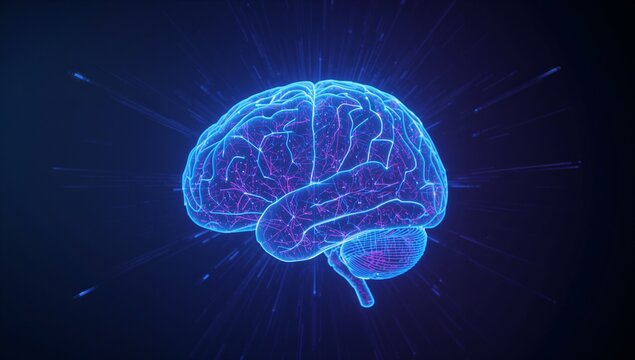 Displaying neon blue 3D brain model hovering in dark void, with nodes radial streaks and particles - Powered by Adobe