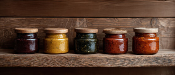 Rustic jars condiment wooden lids assorted spreads rustic shelf cozy