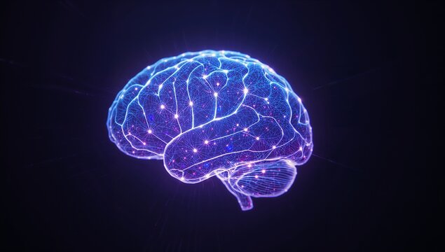 Floating digital brain mesh glowing in virtual space, with neon-blue and purple nodes