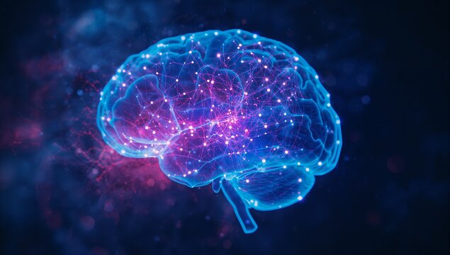 Floating neon-blue mesh neural network brain in digital space, with pink-white nodes and lit lines