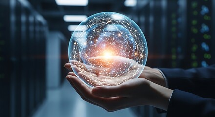 Hands holding glowing digital sphere in a modern data center