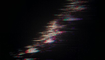 Exhibiting glitch artifacts forming diagonal RGB noise streaks on screen, with pixel noise clusters