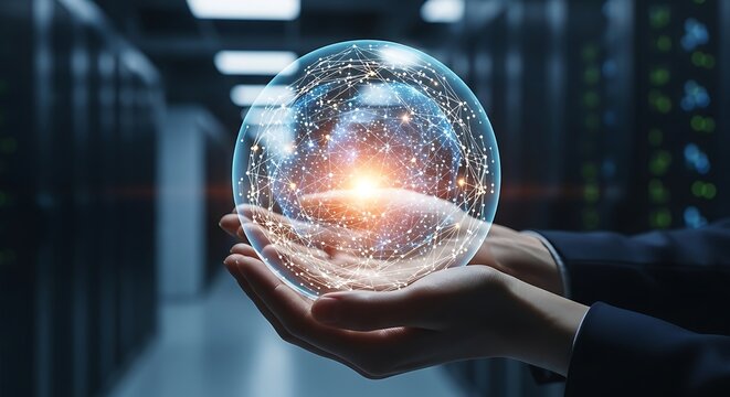 Hands holding glowing digital sphere in a modern data center