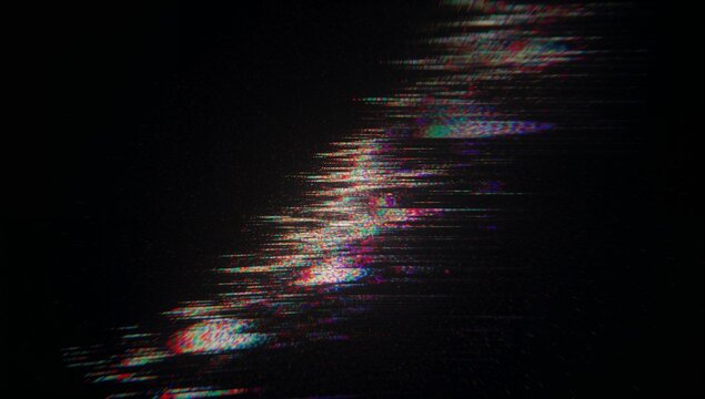 Exhibiting glitch artifacts forming diagonal RGB noise streaks on screen, with pixel noise clusters