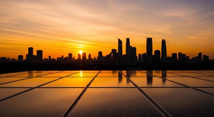 Obraz premium Solar Panels and City Skyline During Golden Sunset