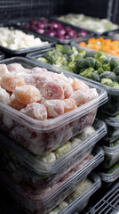 Fototapeta premium Frozen vegetables plastic container stack freezer broccoli carrot convenience