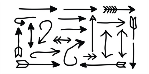 Diverse collection of hand-drawn arrow styles for directional navigation and design elements isolated on white background