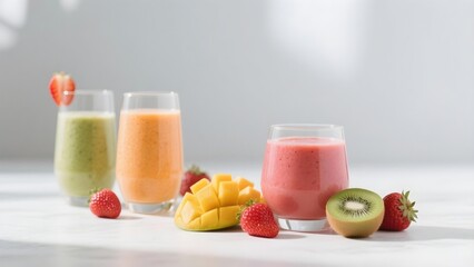 Glasses of colorful fruit smoothies with assorted fresh ingredients