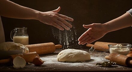 Hands sprinkling flour over dough during bread making process