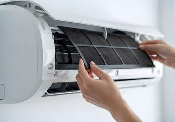 Close up of person cleaning air conditioner filter for good air quality