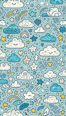 Seamless nursery sky pattern with clouds and stars, teal multicolor, vertical