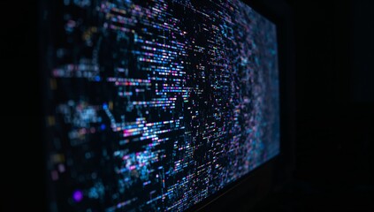 Displaying wide monitor featuring glitching multicolored code streaks at desk, digital display