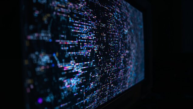 Displaying wide monitor featuring glitching multicolored code streaks at desk, digital display - Powered by Adobe