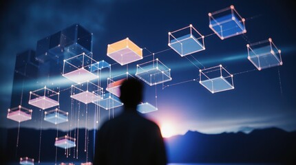 Person observing glowing digital cubes in a futuristic cityscape at night
