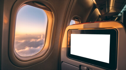Airplane cabin interior with blank screen.
Sunlight view from airplane window.