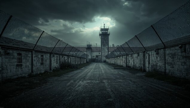Framing guard tower overlooking gravel road with barracks in prison yard, stormy clouds gathering - Powered by Adobe