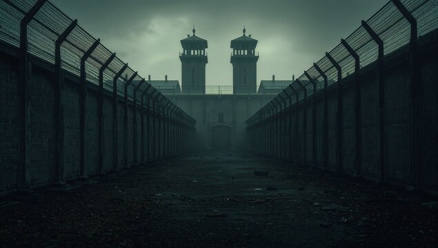 Framing prison gatehouse at foggy corridor, with stone walls, fences, barbed wire and twin towers