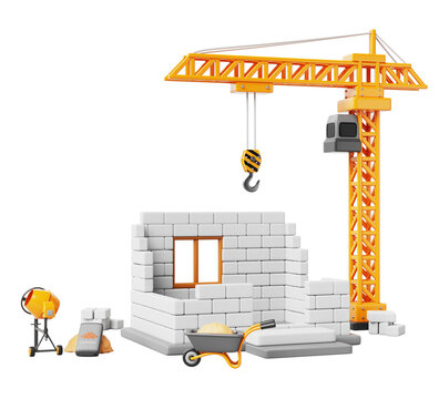 3d construction site with unfinished block house and tower crane. Building work with concrete mixer, cement bag, stacks of brick, wheelbarrow with sand pile on blue bg, Cartoon render