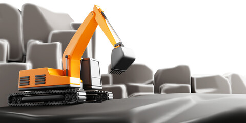 3d mining industry, excavator working in quarry, heavy industrial machinery. Render cartoon landscape of mineral extraction, sand, gravel, crushed stone, coal on career open pit mine