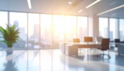 Fototapeta premium The image displays a blurred office space filled with modern furniture and a large window displaying a city