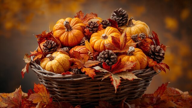 Displaying wicker basket holding mini pumpkins and pine cones on tabletop, with orange maple leaves - Powered by Adobe
