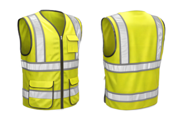 Front and back view of a high visibility yellow safety vest with reflective silver stripes. Realistic industrial workwear mockup for construction, road safety, or security uniform design. Isolated on 