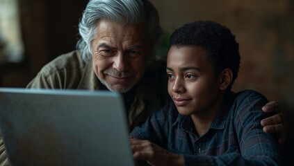Grandfather in brown shirt guiding grandson in plaid shirt at study table, with silver laptop