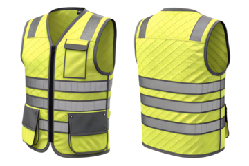 Front and back view of a high visibility yellow safety vest with reflective silver stripes. Realistic industrial workwear mockup for construction, road safety, or security uniform design. Isolated on 