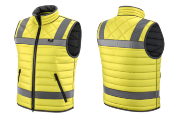 Front and back view of a high visibility yellow safety vest with reflective silver stripes. Realistic industrial workwear mockup for construction, road safety, or security uniform design. Isolated on 