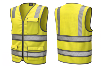 Front and back view of a high visibility yellow safety vest with reflective silver stripes. Realistic industrial workwear mockup for construction, road safety, or security uniform design. Isolated on 