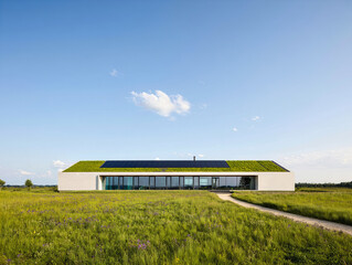 Obraz premium Sustainable modern house with green roof and solar panels in open landscape 