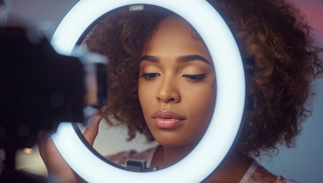 Content creator adjusting curly hair in home studio, with LED ring light and phone clamp - Powered by Adobe