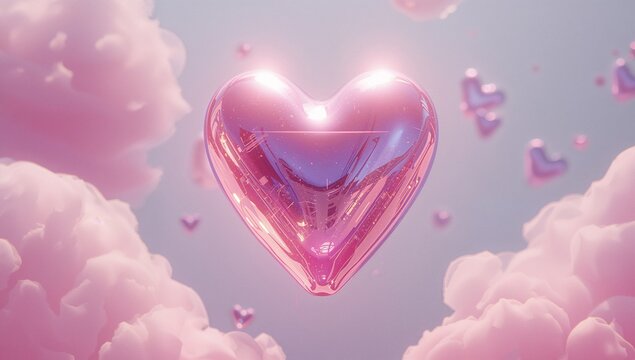 Floating large pink heart balloon drifting above fluffy pink clouds, with smaller reflective hearts