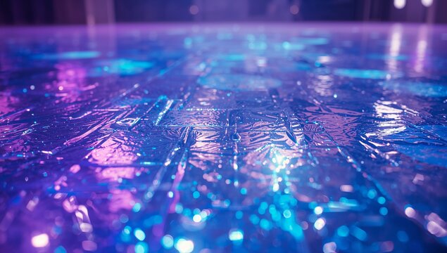 Creating vibrant neon reflections on crinkled nightclub floor, highlighting puddle-like wet texture - Powered by Adobe